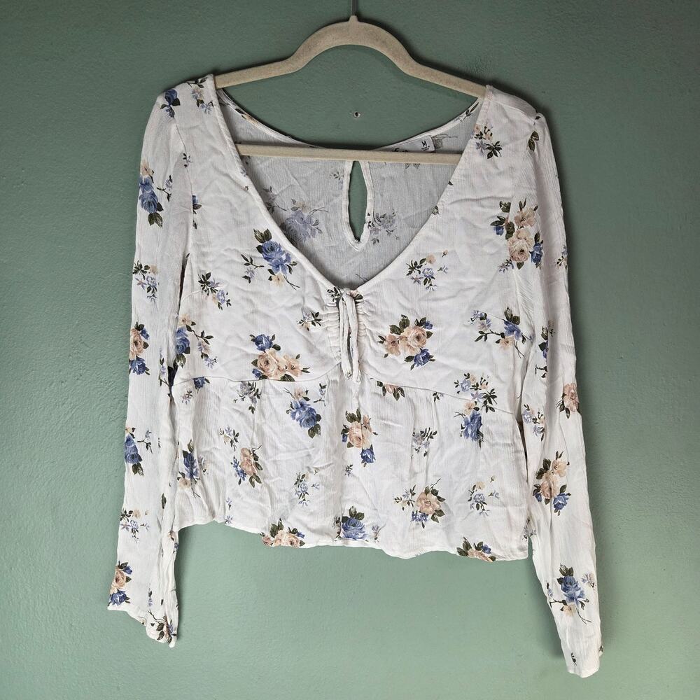 Hollister Women's Crepe Peasant Babydoll Blouse Medium Keyhole Tie Front Floral